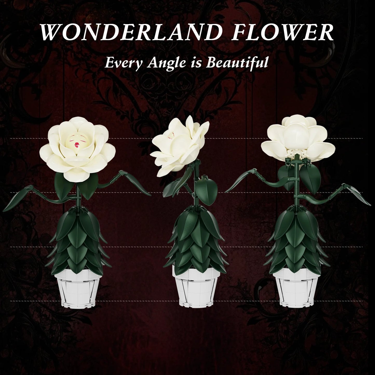 Wonderland Flower Building Blocks Sets White Rose Artificial Model Home Room Decoration Home Office Desktop Ornament Gifts for Women Girls