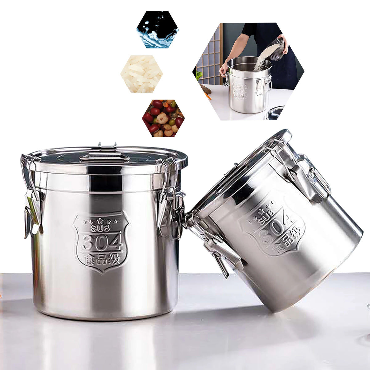 6L/12L Stainless Steel Cereal Container Kitchen Rice Oil Storage Bucket Airtight Canister with Locking Clamp for Rice Flour Milk
