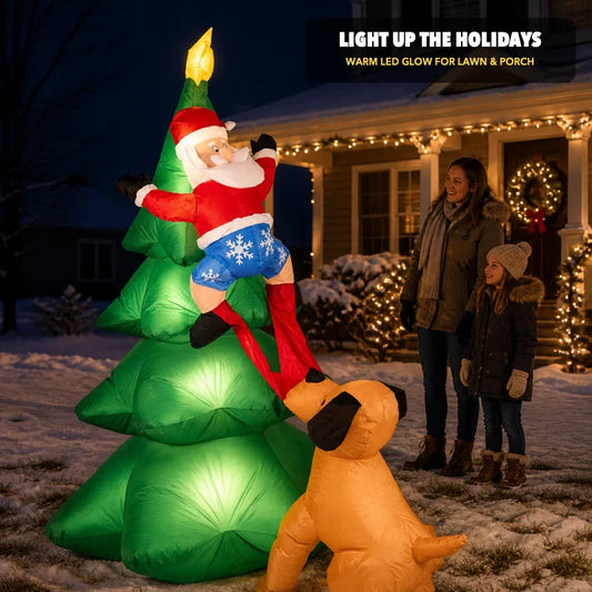 6.5ft Inflatable Christmas Inflatable Santa with Dog Funny Blow up Decor Climbing Tree Santa Pulling Pants Outdoor Yard Decoration Big 1.5m Xmas Inflatable Luminous Ornament Garden Toy Supplies Home Decor Ornament Gift for Ki