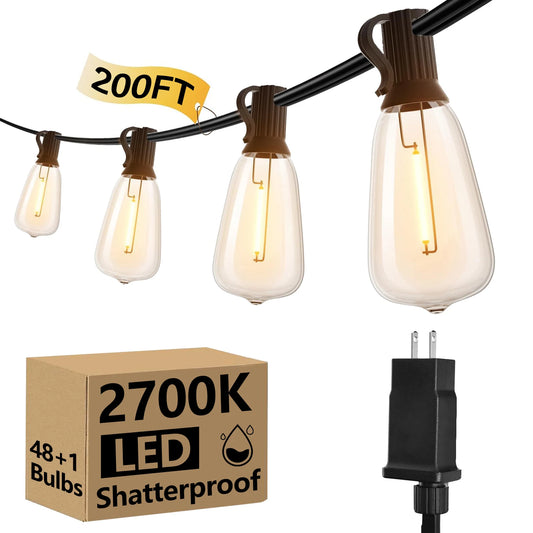 200FT ST38 LED Globe String Lights, 48 E12 Bulbs 2700K Warm White, High Voltage, Black Cable with Hooks & Replaceable Shatterpro
