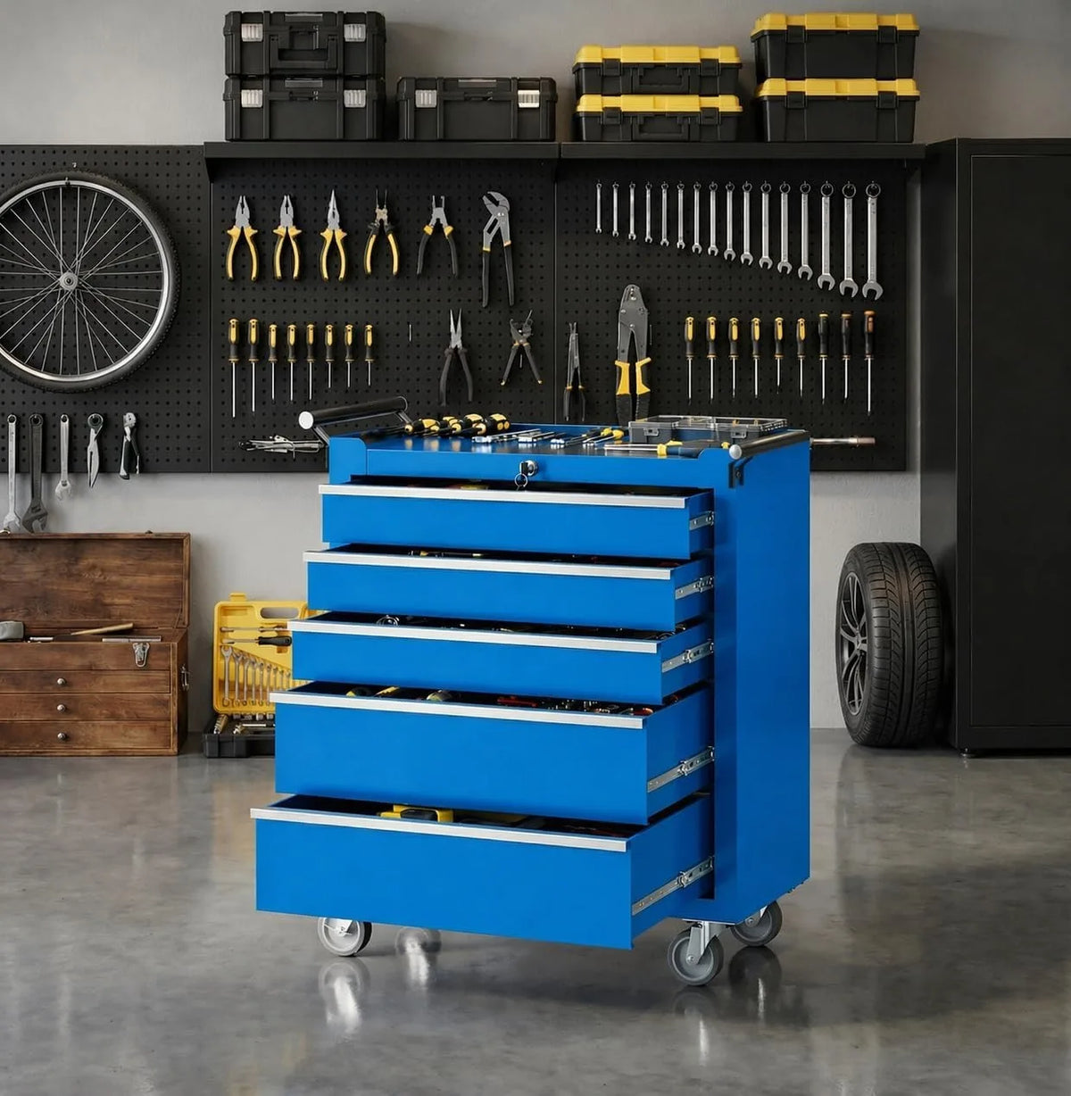 5 Drawer Rolling Tool Chest with Locking Tool Cabinet Cart, Portable Metal Tool Storage Organizer with Wheels for Garage Workshop Repair and DIY Projects