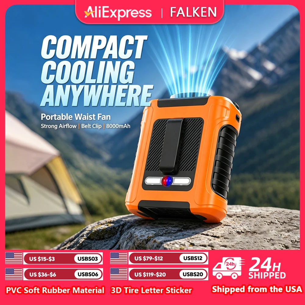 Portable Waist Fan with 8000mAh Rechargeable Battery LED Light Brushless Motor 5 Speed Levels Lasts 5-8 Hours for Outdoor Use