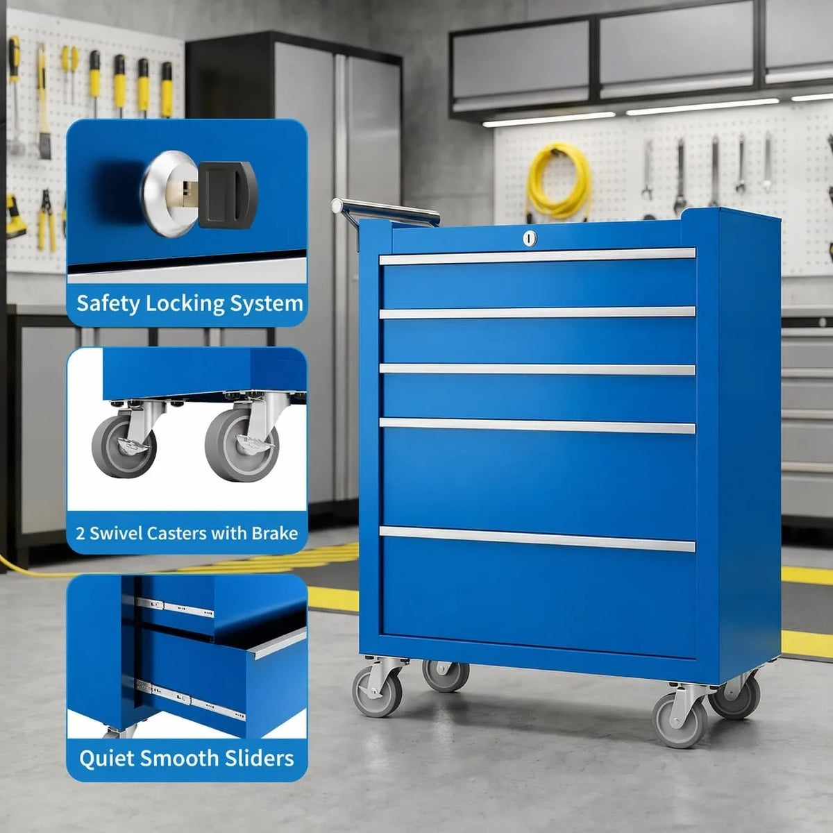 5 Drawer Rolling Tool Chest with Locking Tool Cabinet Cart, Portable Metal Tool Storage Organizer with Wheels for Garage Workshop Repair and DIY Projects