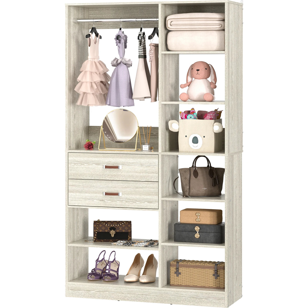 40 Inches Freestanding Closet System with 10 Shelves, 80'' Height Adjustable Cloth Garment Rack with 2 Wood Drawers