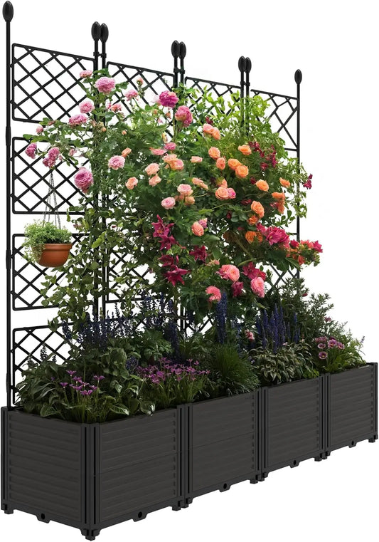 Plastic Planter Box w/ Trellis Rack 5.25FT Tall Raised Garden Bed Drainage for Outdoor Balcony Patio Flower Vegetable Planting
