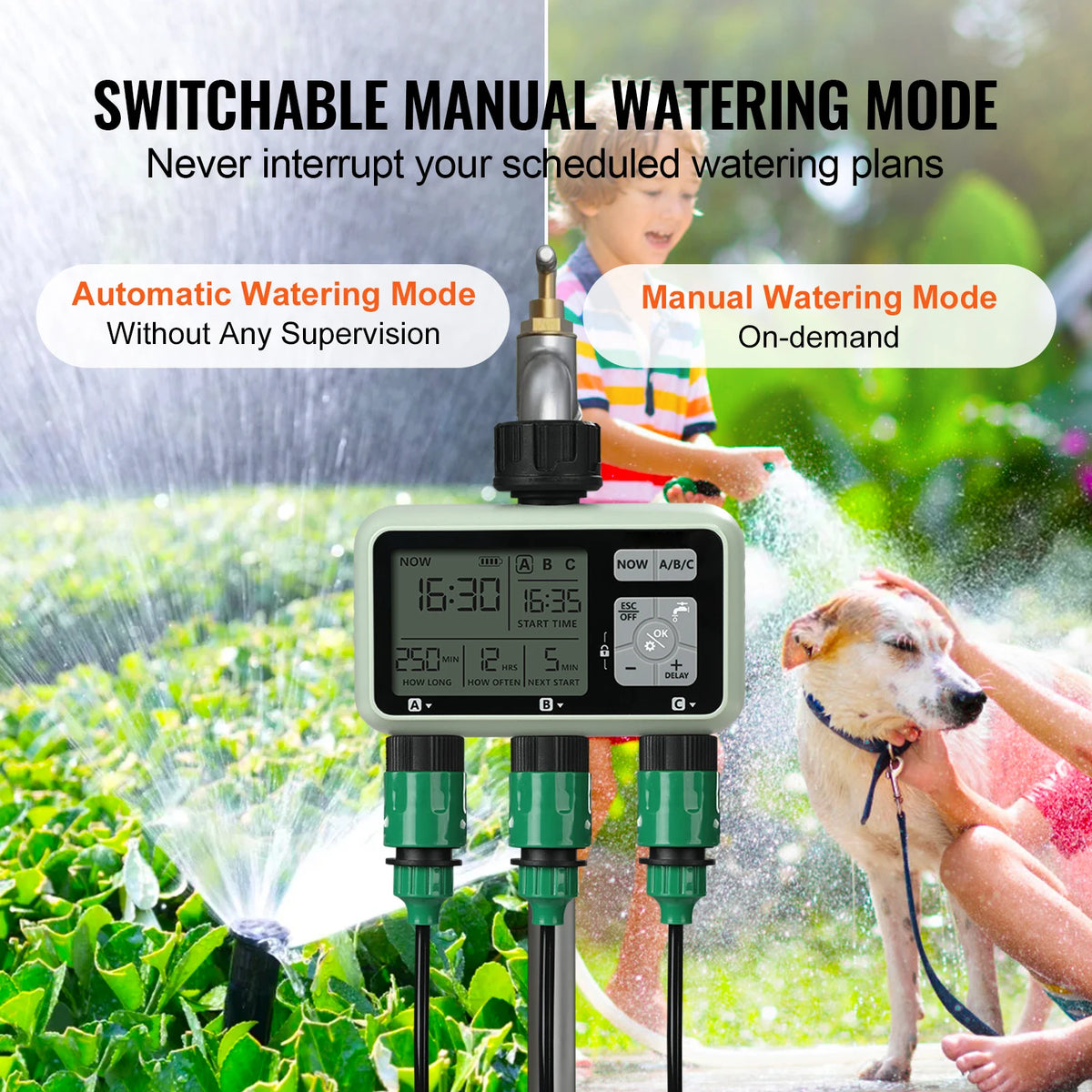 SucceBuy Water Timer 3 Outlets Hose 3 Independent Watering Zone LCD Display Rain Delay Mode Manual Mode Watering Sprinkler Timer
