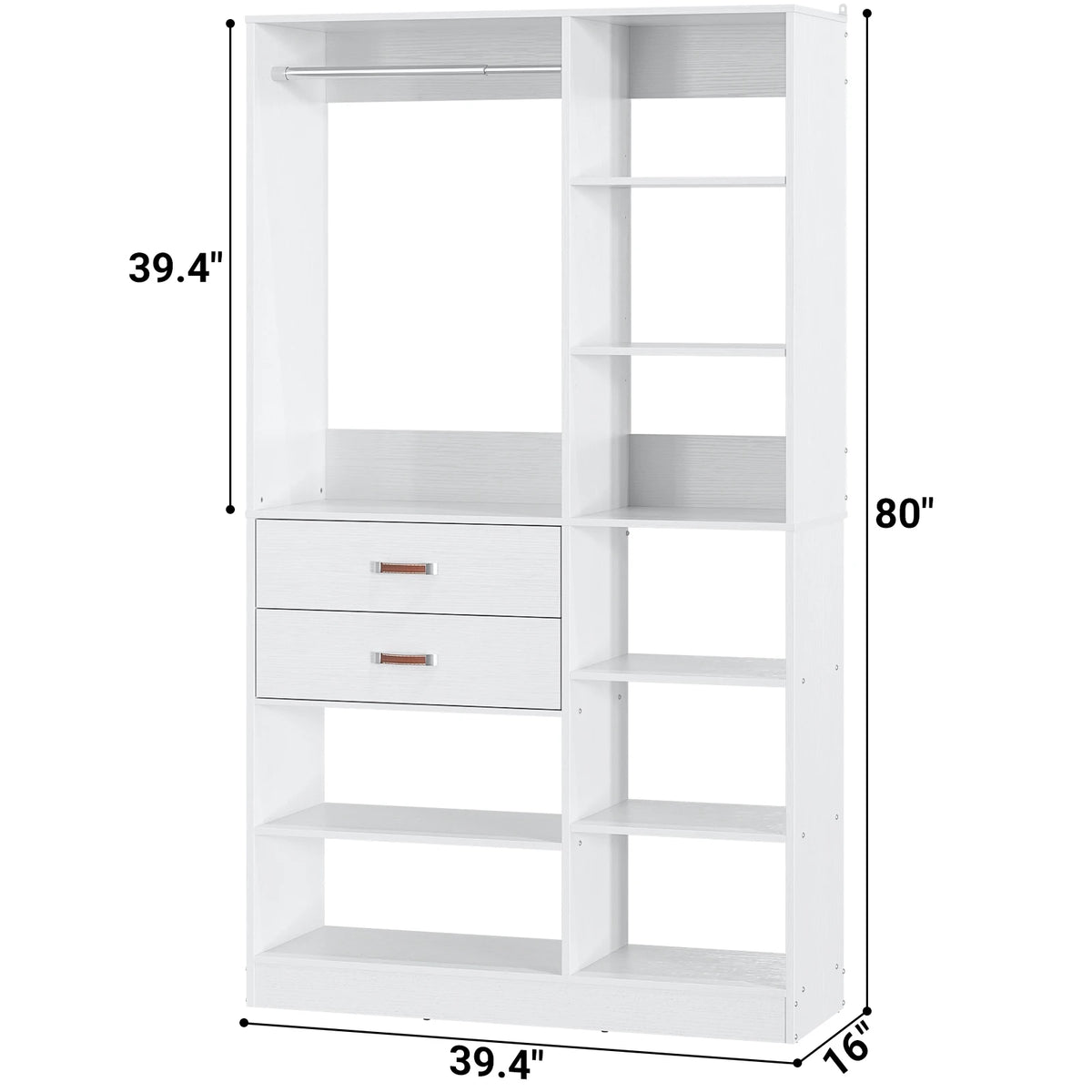 40 Inches Freestanding Closet System with 10 Shelves, 80'' Height Adjustable Cloth Garment Rack with 2 Wood Drawers