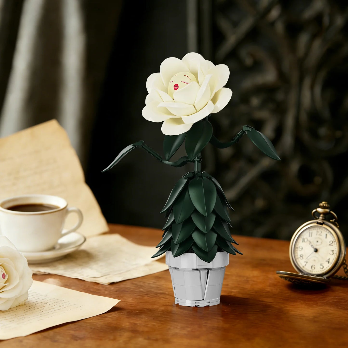 Wonderland Flower Building Blocks Sets White Rose Artificial Model Home Room Decoration Home Office Desktop Ornament Gifts for Women Girls