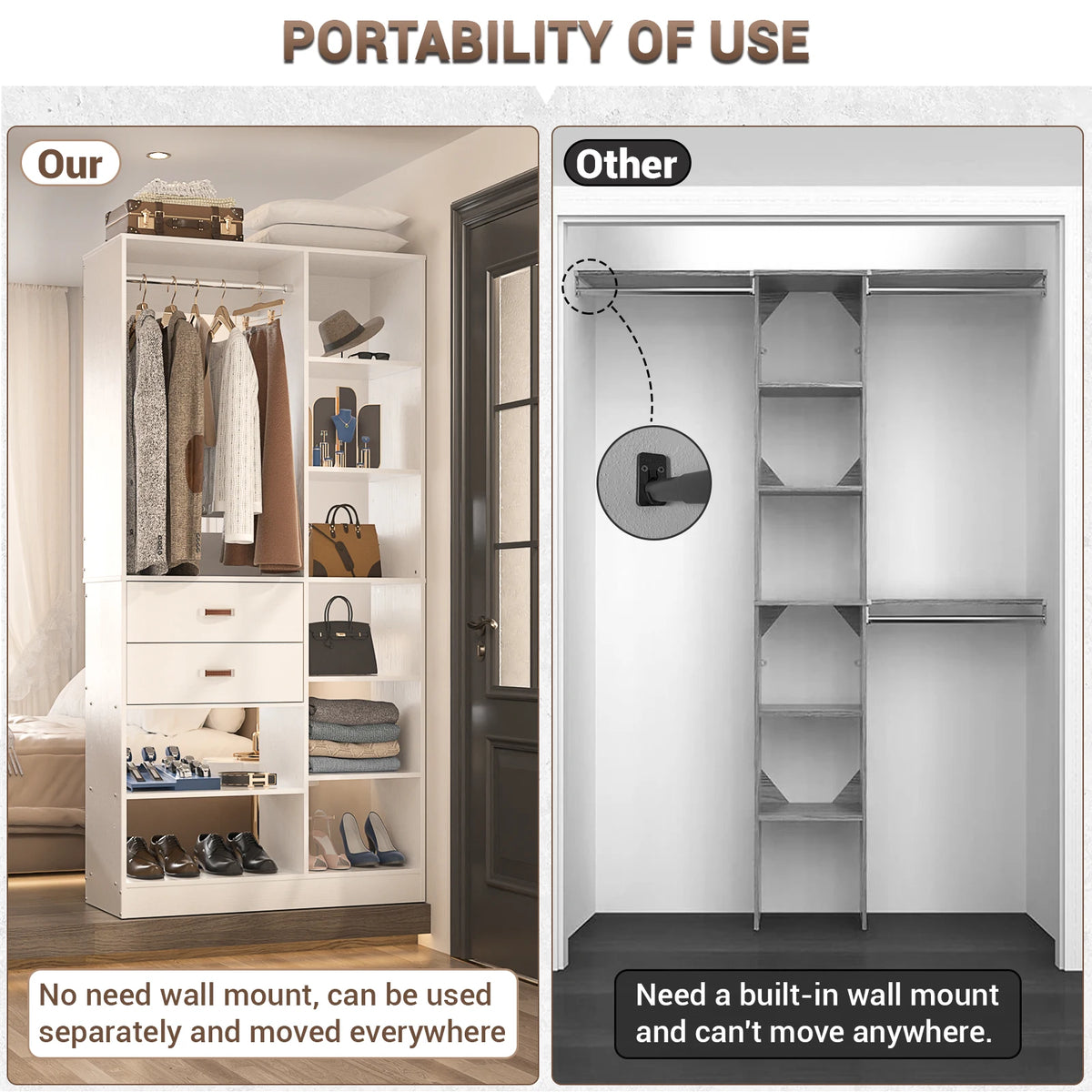 40 Inches Freestanding Closet System with 10 Shelves, 80'' Height Adjustable Cloth Garment Rack with 2 Wood Drawers