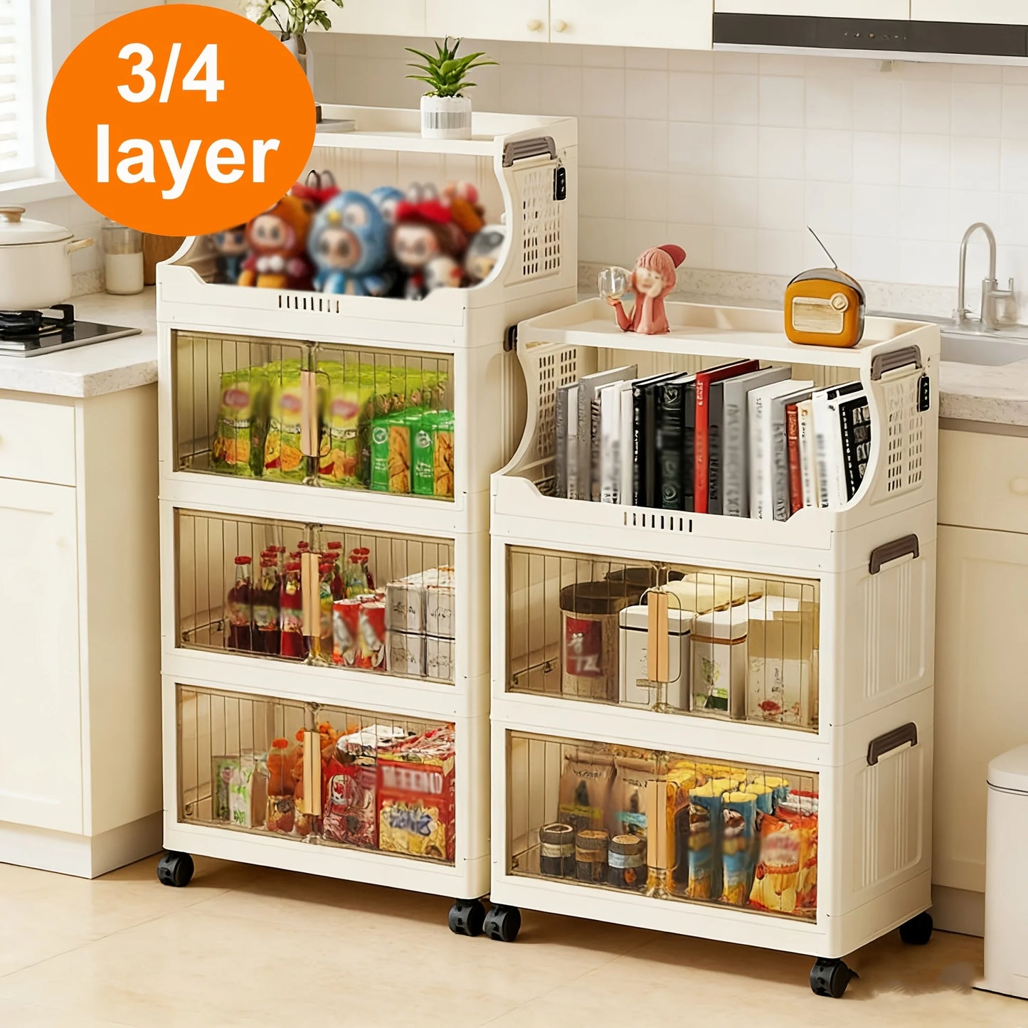 3/4-Tier Storage Cabinet with Wheels, Freestanding Kitchen Pantry Organizer with Flip Top & Transparent Doors, Plastic Rolling Storage Shelf for Snacks, Food and Home Organization