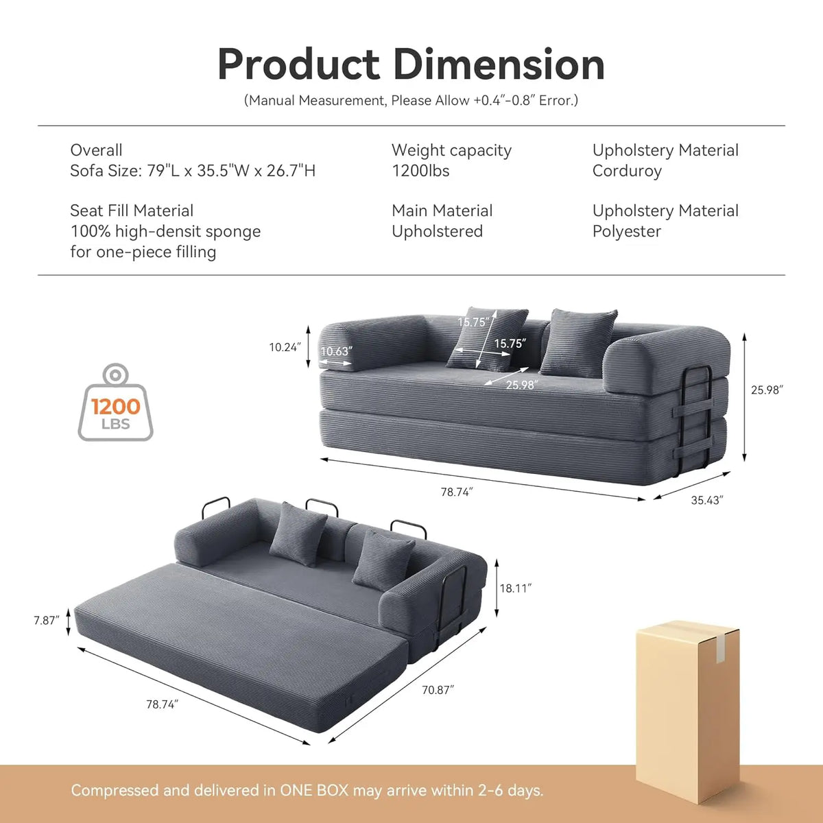 Sofa Bed, Corduroy Sleeper Sofa Bed with Fixed Frame, Floor Sofa Lounge with Pillow, Convertible Folding Mattress, Customized