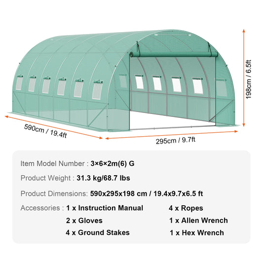 SucceBuy Walk-in Tunnel Greenhouse Hoop House Greenhouse Tunnel Plant Hot House with Steel Frame PE Cover Roll-up Zipper Door