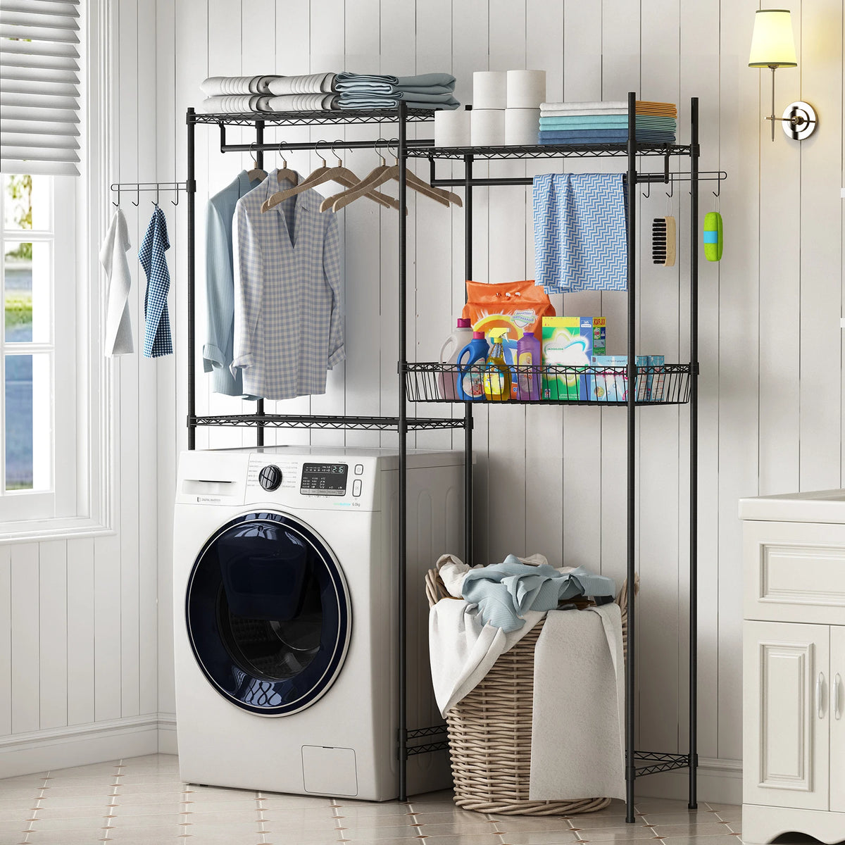 4-Tier Laundry Organizer Shelves Over The Washer and Dryer Storage Shelf Adjustable Laundry Organizer with Hanging Rod Wire Basket Hooks & Hamper