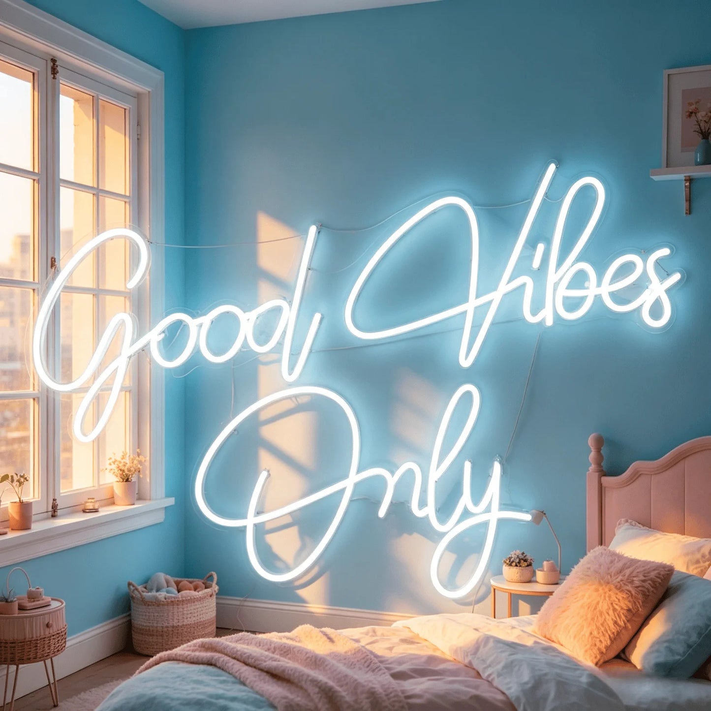 Good Vibes Only Neon Sign, Pink LED Neon Light for Wall Decor, Aesthetic Room Decor for Bedroom, USB Powered
