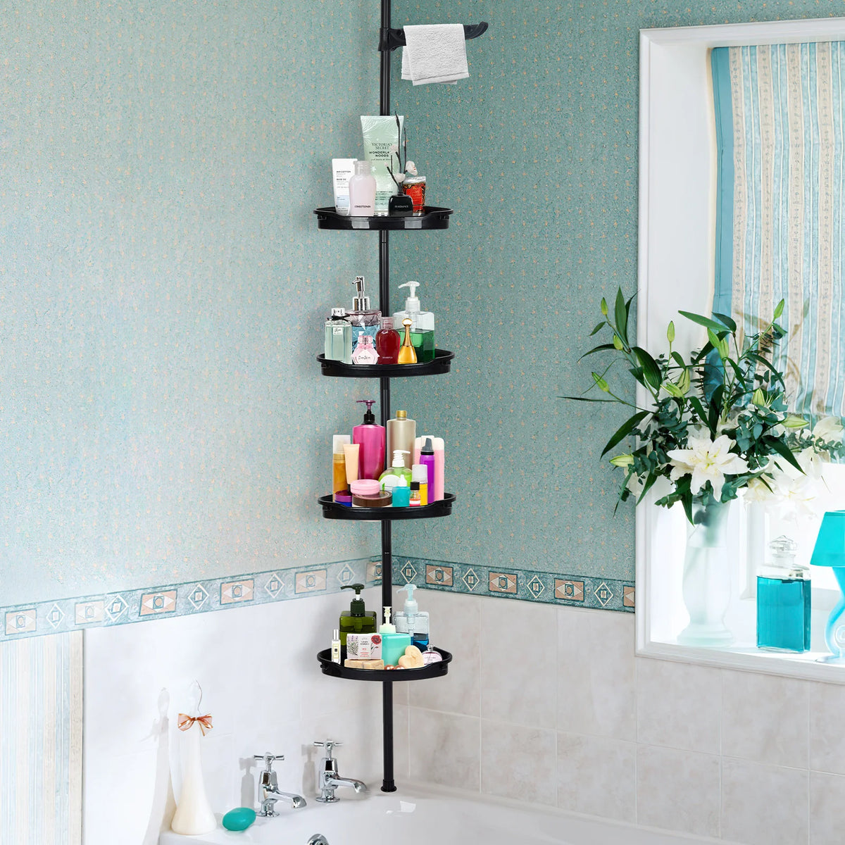 Corner Shower Caddy with Tension Pole 4-Tier Adjustable Shelves Bathroom Storage Organizer