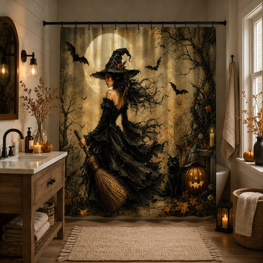 1pc Halloween Witch Themed Shower Curtain Black Cat Broomstick Moonlight And Bats Spooky Bathroom Decor Polyester Fabric Bath Hanging Curtain 70.8X70.8 Inch with Hooks