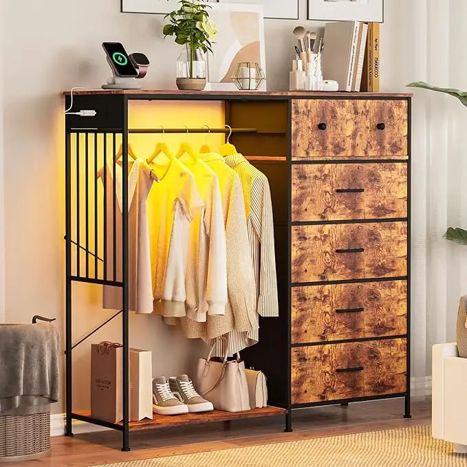 Adult Bedroom Wardrobe 6 Drawers LED Lighting Charging Station Sturdy Iron Frame Wooden Surface Clothes Wardrobe