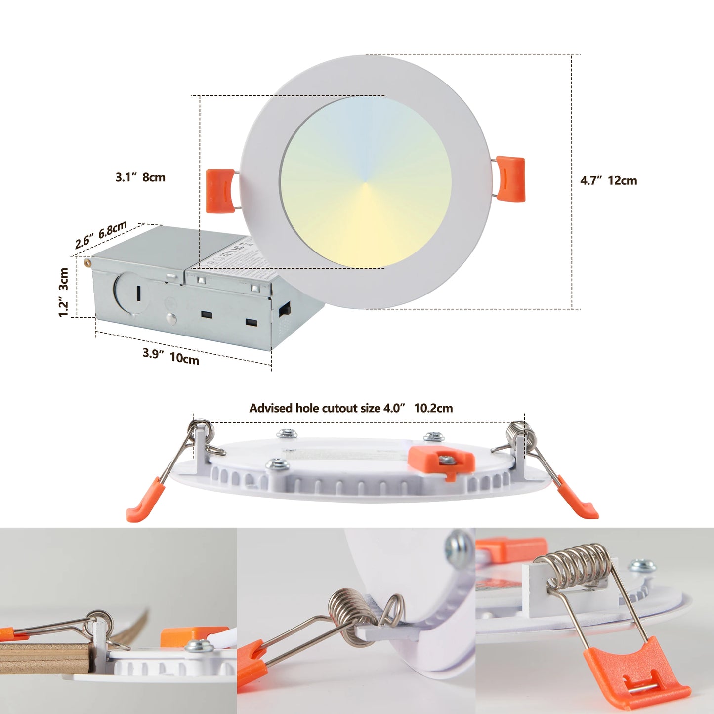 12-Piece Set of Shell-Less Led Ceiling Lights, Dimmable Recessed Downlights with Junction Box, 3000K-5000K Adjustable Color Temperature White Light