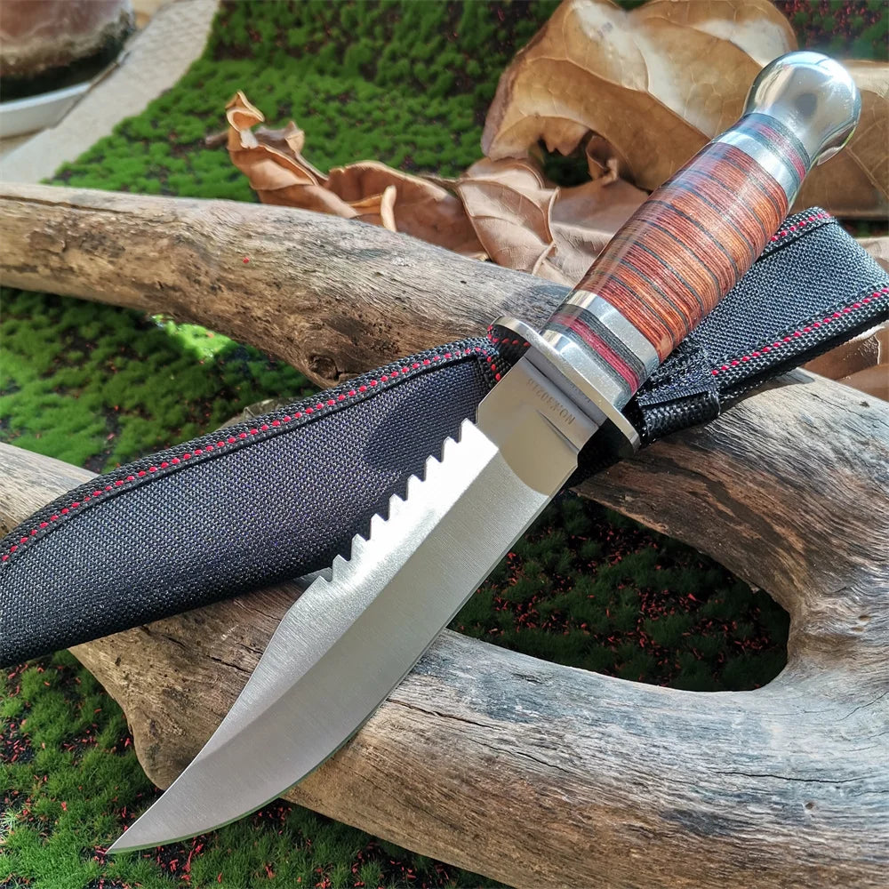 High-Quality 8CR15Mov Steel Blade Hunting Knife with Wooden Handle - Sharp and Reliable Straight Knife with Oxford Cloth Cover