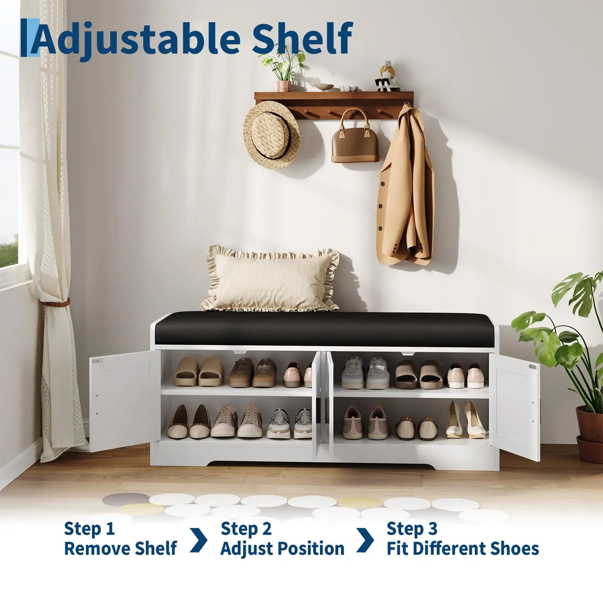 45" Storage Bench With Padded Cushion, 4 Door Hidden Shoe Cabinet, 2 Tier Entryway Bench For Hallway Living Room Bedroom