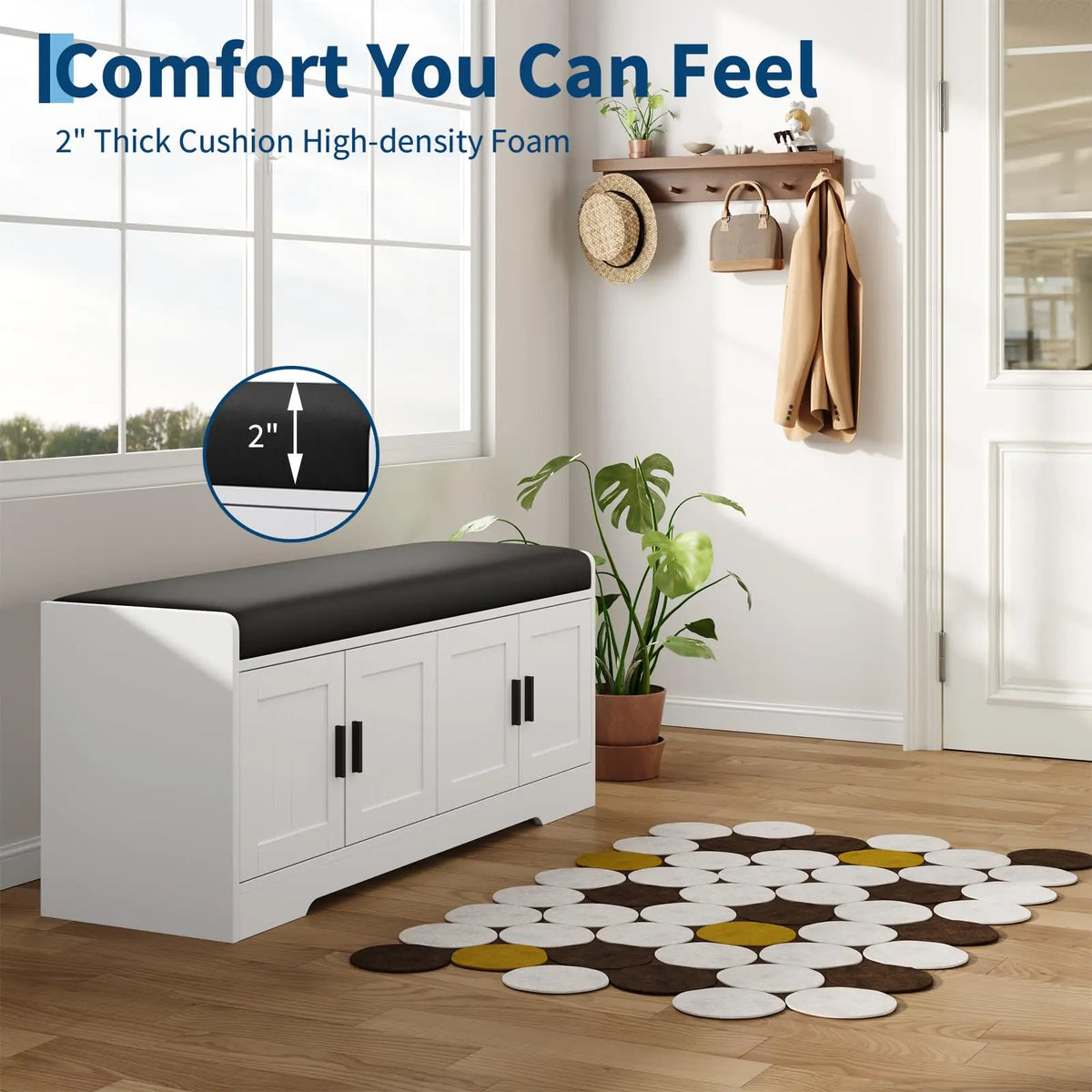 45" Storage Bench With Padded Cushion, 4 Door Hidden Shoe Cabinet, 2 Tier Entryway Bench For Hallway Living Room Bedroom