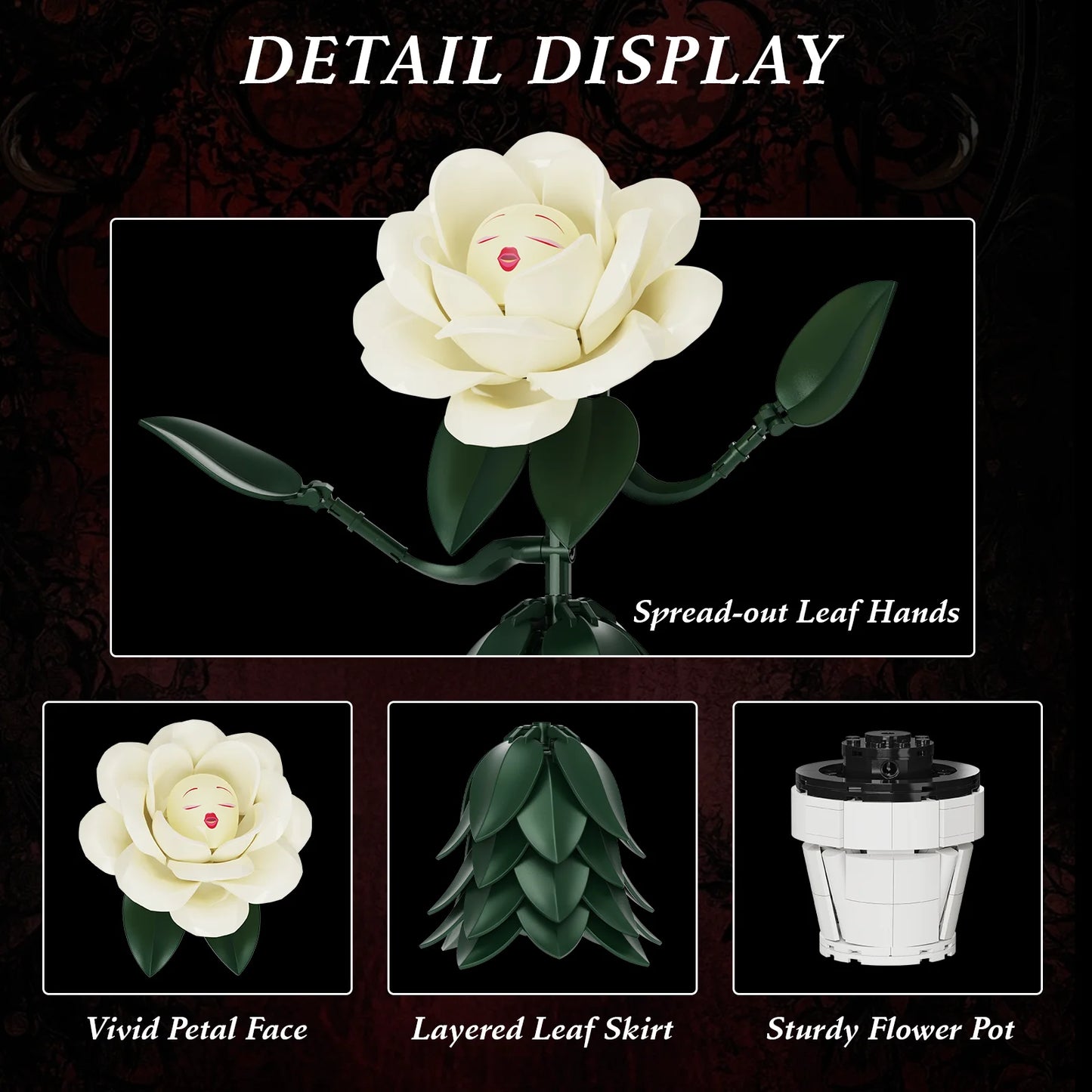 Wonderland Flower Building Blocks Sets White Rose Artificial Model Home Room Decoration Home Office Desktop Ornament Gifts for Women Girls