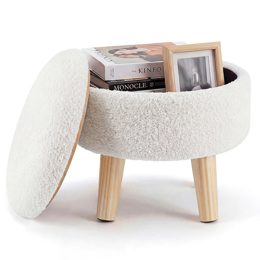 JHK Round Storage Ottoman Stool Teddy Velvet Padded Seat Footstool with Hidden Storage Wood Legs