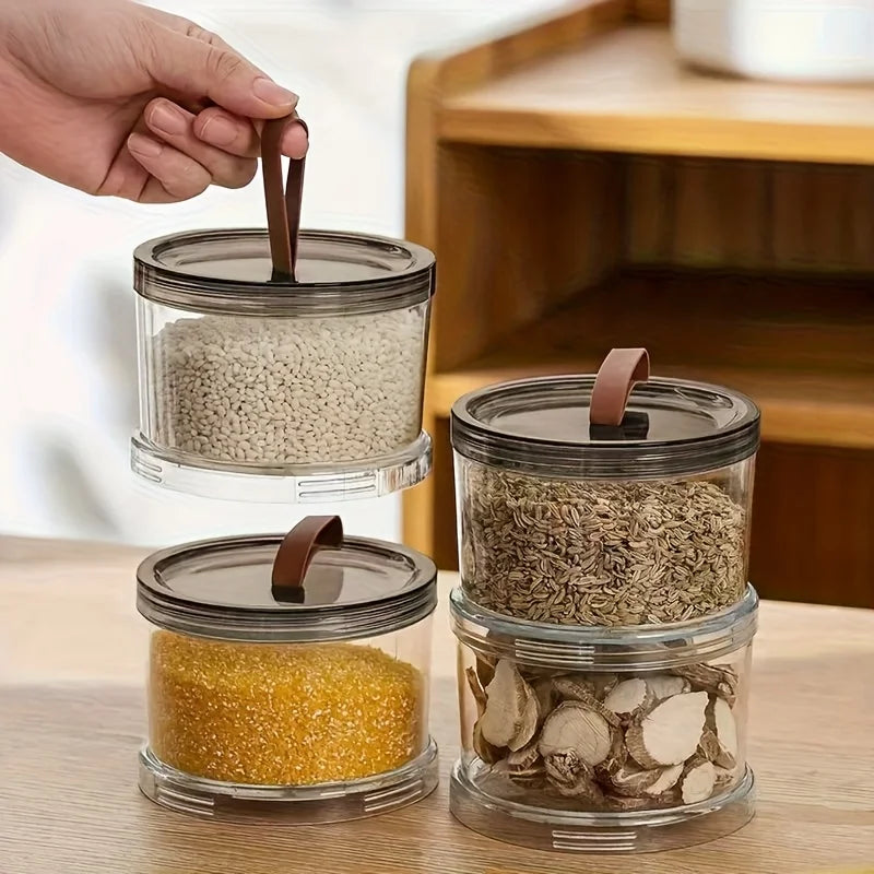 2Pcs Three-Layer Round Spice Storage Box, Grain Storage Jar, Pepper And Seasoning Container, Multi-Layer Transparent Sealed Preservation Box, Made of Food-Grade Material, Reusable Container, Suitable for Grains, Cereals, Snac