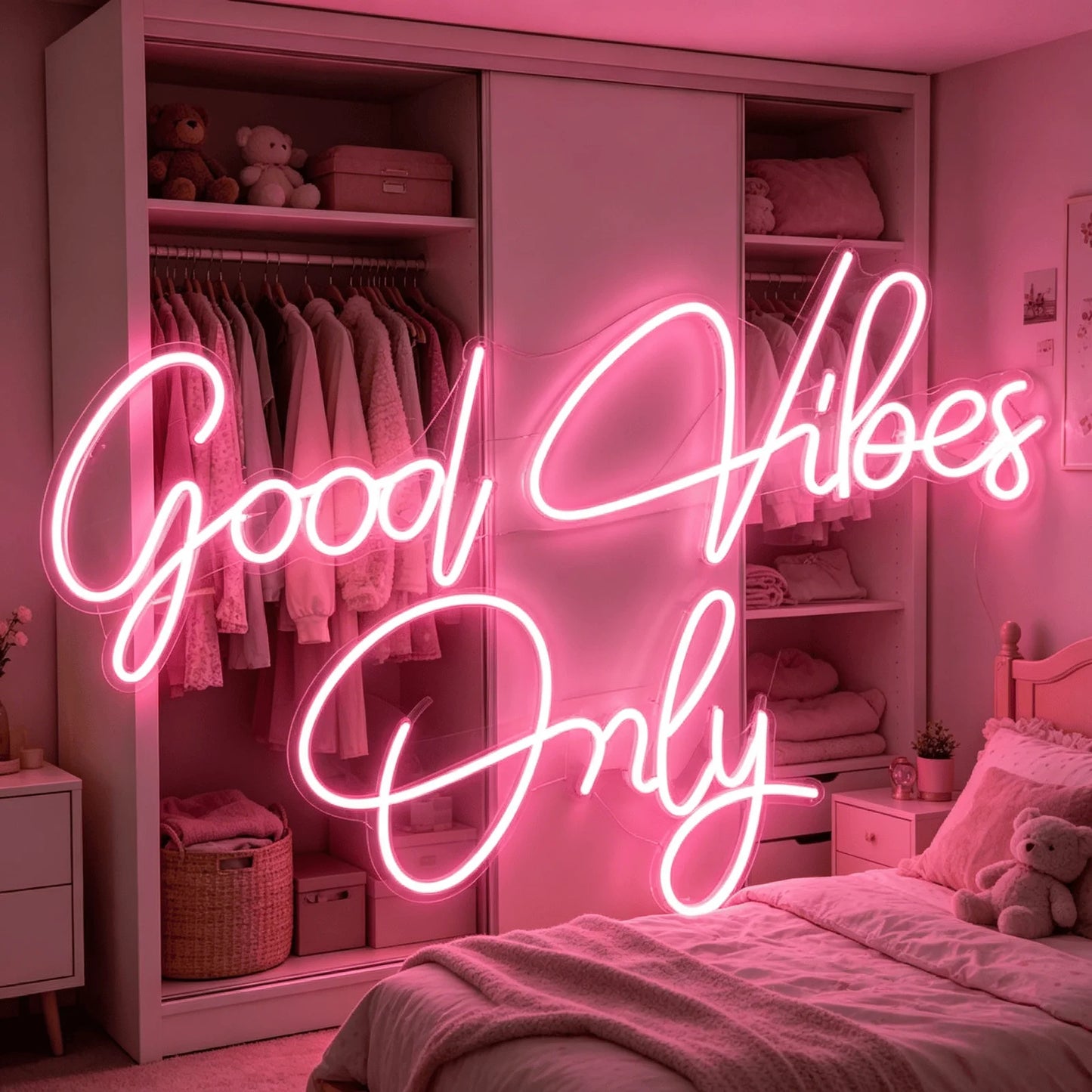 Good Vibes Only Neon Sign, Pink LED Neon Light for Wall Decor, Aesthetic Room Decor for Bedroom, USB Powered