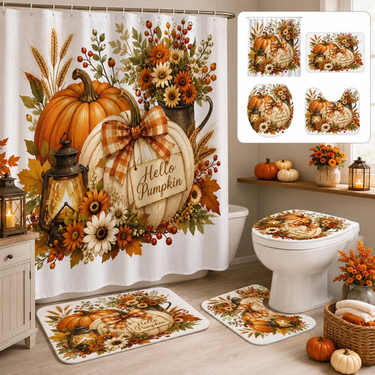 [Thanksgiving] 2D Flat, 2D Flat 4pcs Autumn Harvest Thanksgiving Pumpkin Shower Curtain Set for Bathroom Decoration (2 X 1 X Toilet Lid Cover 1 X Shower Curtain)