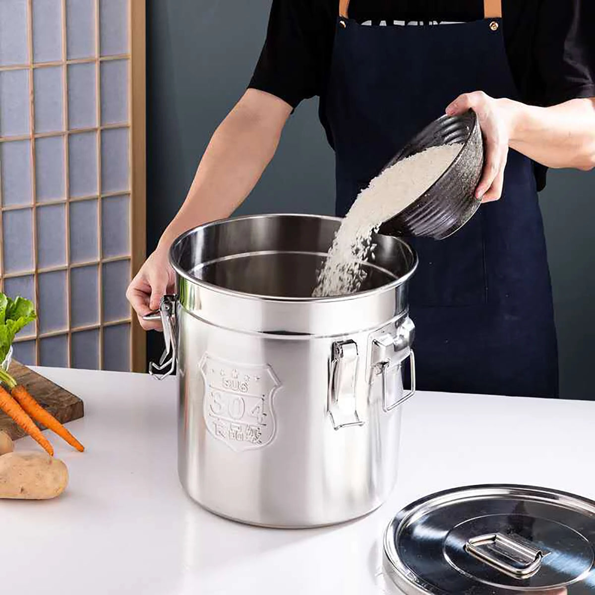 6L/12L Stainless Steel Cereal Container Kitchen Rice Oil Storage Bucket Airtight Canister with Locking Clamp for Rice Flour Milk