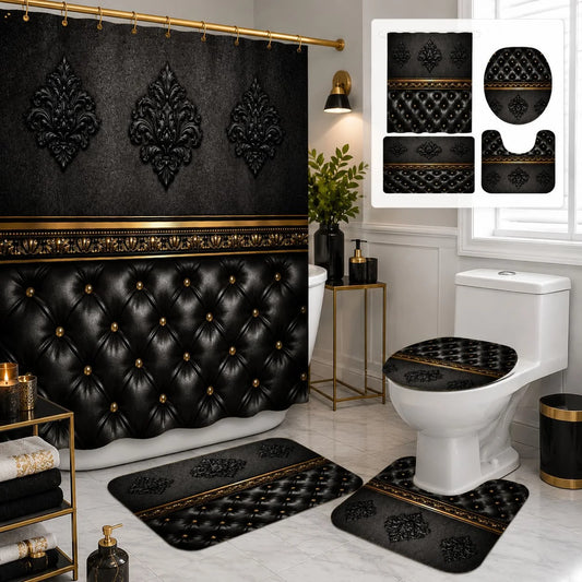 2D Flat, 2D Flat 4pcs Baroque Elegance Shower Curtain Set, Black and Golden Ornate Pattern Bathroom Decor, Accessories with Bath Mat, U - Shaped Mat, Toilet Lid Cover, Shower Curtain Includes Hooks, Luxury Home Aesthetic, Hom