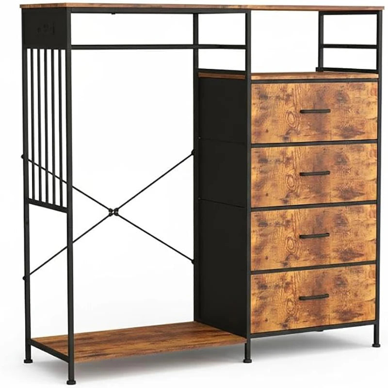 Adult Bedroom Wardrobe 6 Drawers LED Lighting Charging Station Sturdy Iron Frame Wooden Surface Clothes Wardrobe