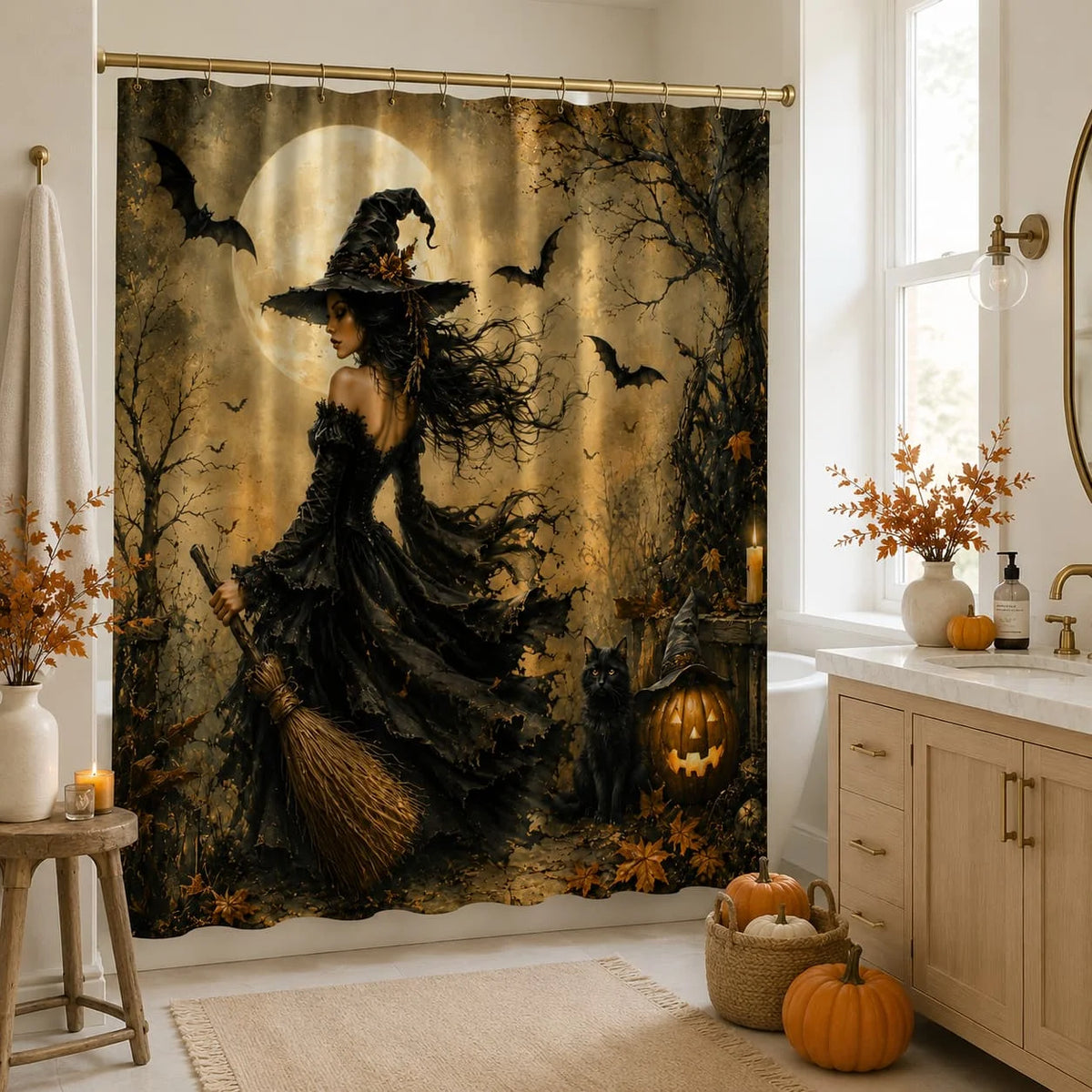 1pc Halloween Witch Themed Shower Curtain Black Cat Broomstick Moonlight And Bats Spooky Bathroom Decor Polyester Fabric Bath Hanging Curtain 70.8X70.8 Inch with Hooks