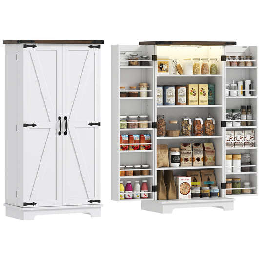 Homcom 47" Led Kitchen Pantry Cabinet with Barn Door 5 Deep Shelves White