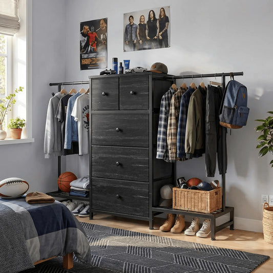 3-in-1 Dresser & Hanging Rack – 57.8" Wide with 5 Drawers & Shoe Rack, Side Hooks for Bedroom Storage and Walk-in closet