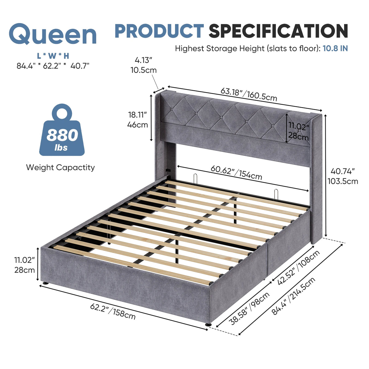 JHK Lift Up Storage Bed Modern Upholstered Platform Bed Frame with Wingback Headboard Hydraulic Lift Storage No Box Spring Needed Easy Assembly For Bedroom
