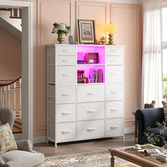 EnHomee 51" Tall Storage Organizer – 15 Fabric Drawers, Charging Station & LED, Hutch & Wood Top – Versatile Dresser for Bedroom, Living Room, or Multi-Room