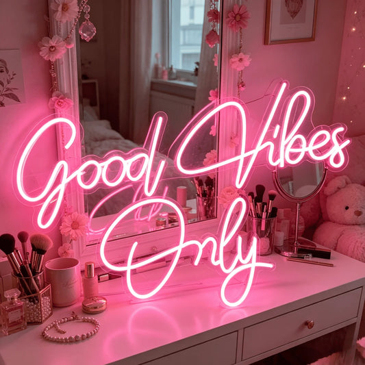 Good Vibes Only Neon Sign, Pink LED Neon Light for Wall Decor, Aesthetic Room Decor for Bedroom, USB Powered
