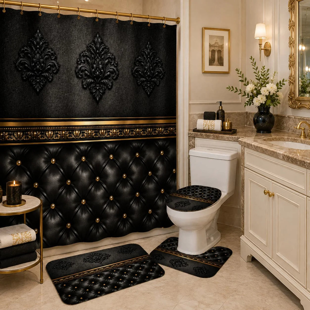 2D Flat, 2D Flat 4pcs Baroque Elegance Shower Curtain Set, Black and Golden Ornate Pattern Bathroom Decor, Accessories with Bath Mat, U - Shaped Mat, Toilet Lid Cover, Shower Curtain Includes Hooks, Luxury Home Aesthetic, Hom