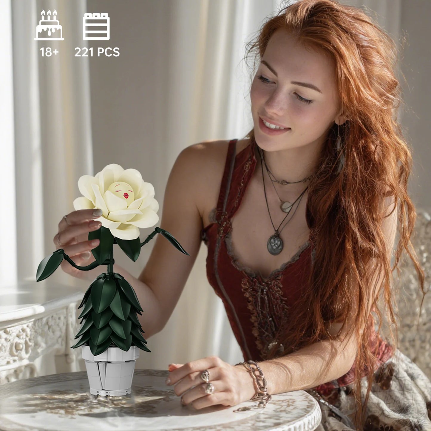 Wonderland Flower Building Blocks Sets White Rose Artificial Model Home Room Decoration Home Office Desktop Ornament Gifts for Women Girls