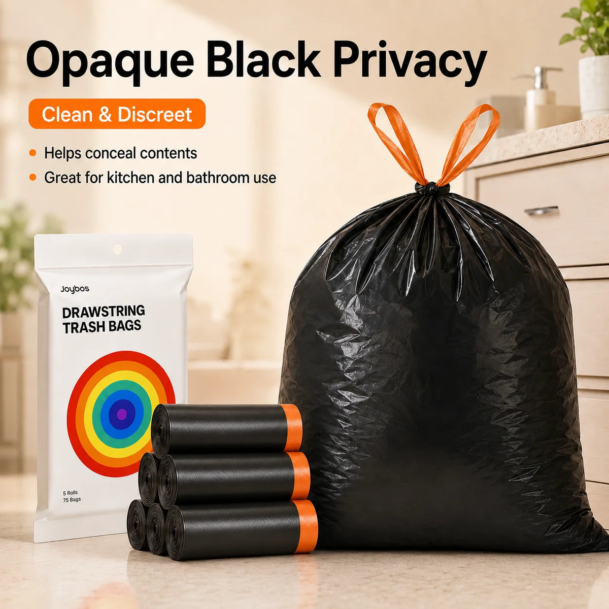 Joybos Easy Pull Drawstring Trash Bags, 2 Packs 150 Count