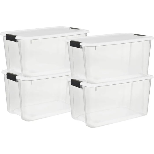 Sterilite 4 Pack Ultra Latching Box 70 Quart Clear Plastic Heavy - Duty Storage Bins with Lids for Closet Bathroom Office