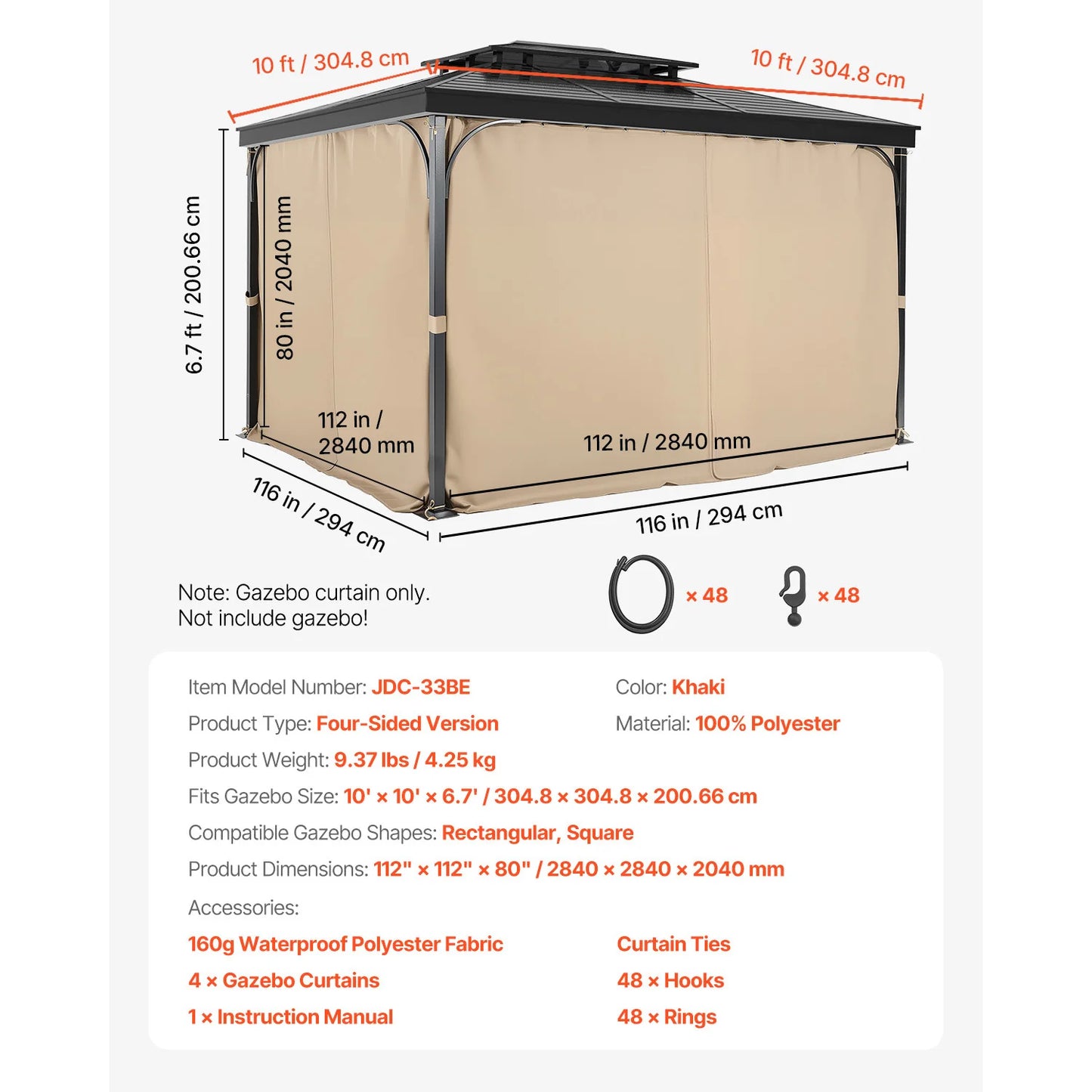 SucceBuy Gazebo Curtains 4-Panel Sidewall Gazebo Privacy Curtains with Zippers Universal Sunshade Curtains Replacement for Patio