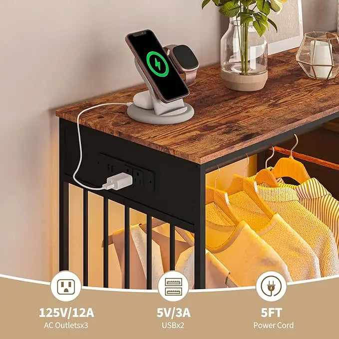 Adult Bedroom Wardrobe 6 Drawers LED Lighting Charging Station Sturdy Iron Frame Wooden Surface Clothes Wardrobe