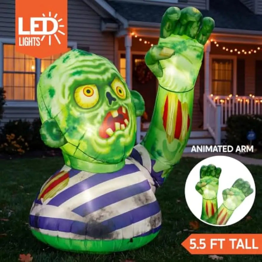 5.5FT Halloween Inflatable Zombie Decoration with Waving Raised Hand & Built-in LED Lights, Blow Up Zombie for Outdoor Yard Lawn Garden Indoor Porch Patio Home, Spooky Halloween Inflatable Decor