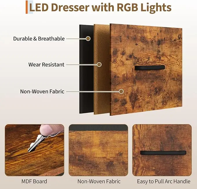 Adult Bedroom Wardrobe 6 Drawers LED Lighting Charging Station Sturdy Iron Frame Wooden Surface Clothes Wardrobe