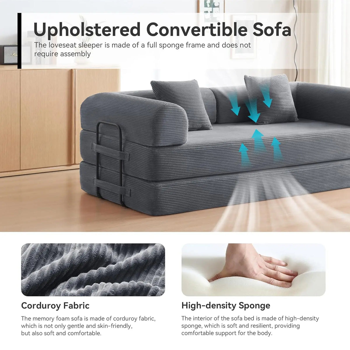 Sofa Bed, Corduroy Sleeper Sofa Bed with Fixed Frame, Floor Sofa Lounge with Pillow, Convertible Folding Mattress, Customized