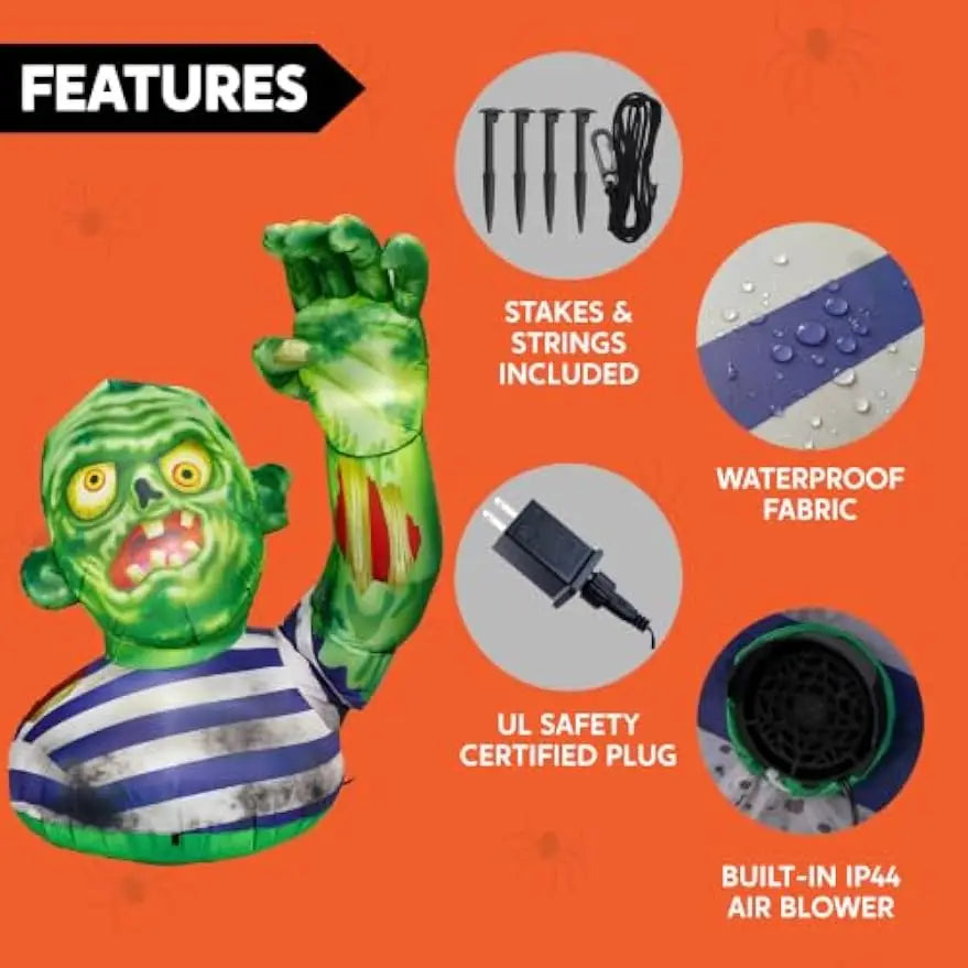 5.5FT Halloween Inflatable Zombie Decoration with Waving Raised Hand & Built-in LED Lights, Blow Up Zombie for Outdoor Yard Lawn Garden Indoor Porch Patio Home, Spooky Halloween Inflatable Decor