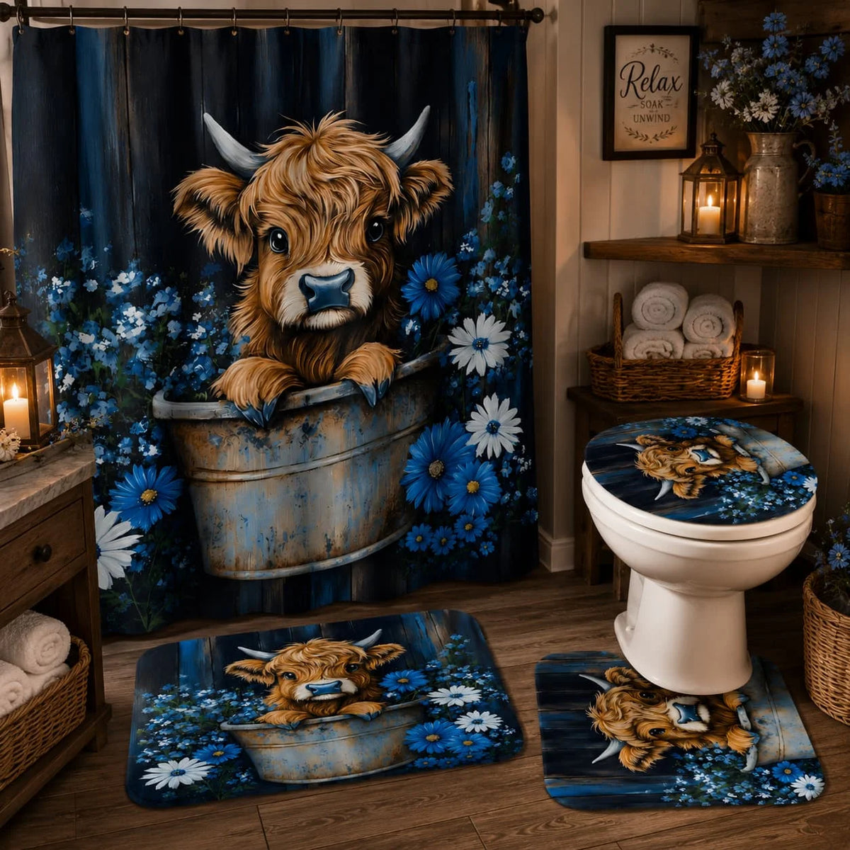4pcs Highland Cow Scottish Cow Bathroom Set - Blue Flower & Rustic Farmhouse Shower Curtain with Includes 12 hooks, shower curtain, bath mat, U-shaped rug, and toilet lid cover